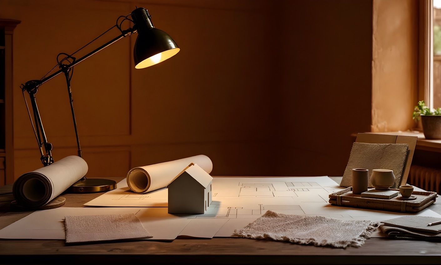 An architect's studio table under one lamp with drawings and material samples