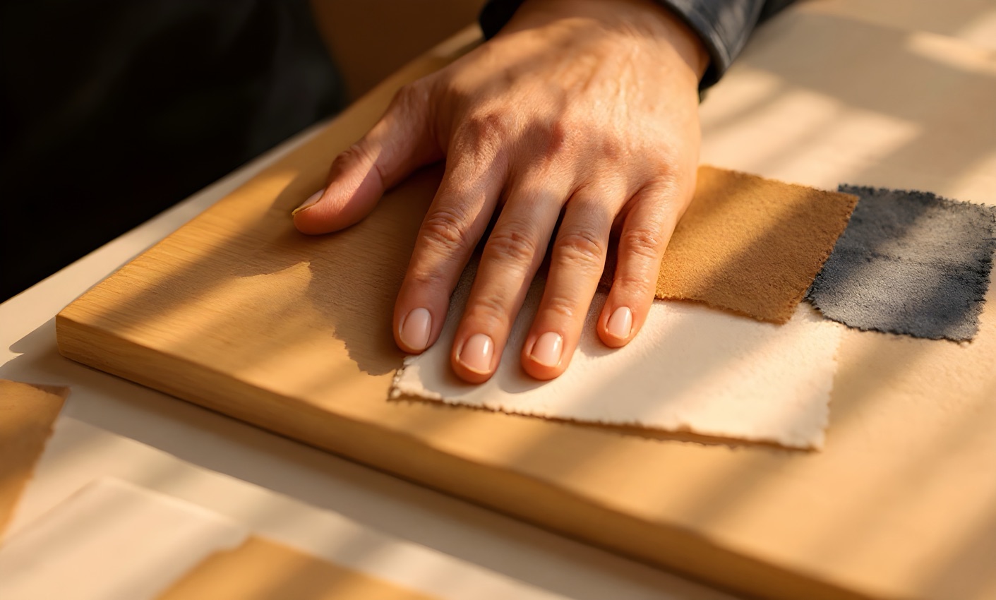 A hand resting on natural material samples in raking light