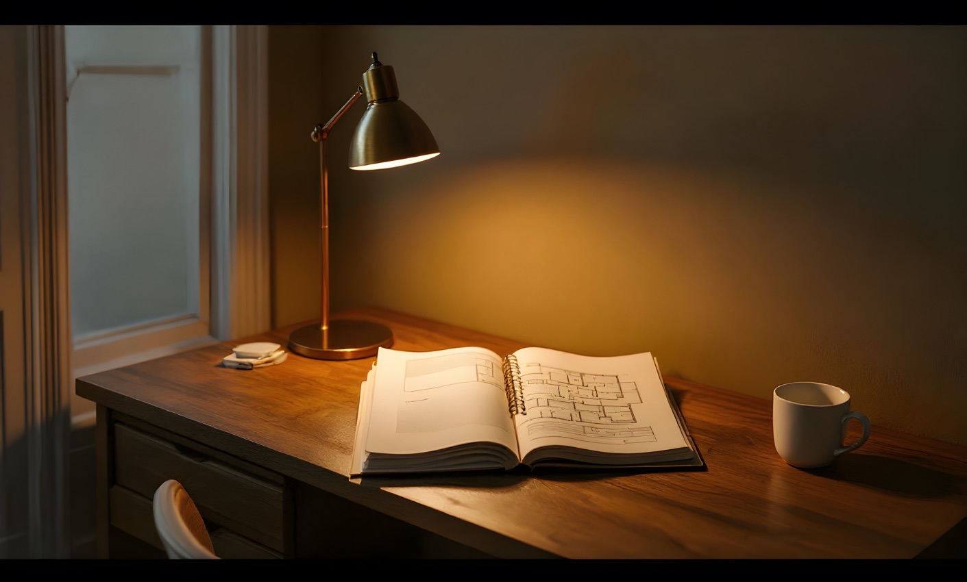A brass desk lamp lighting a notebook and a folded floor plan