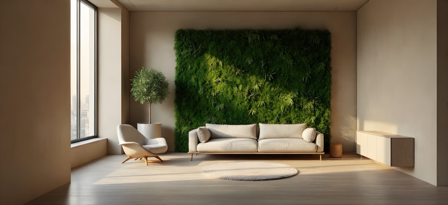 A warm plaster living room in a Manhattan apartment, a living moss and fern wall behind a linen sofa, an olive tree by the tall window and late sun across the floor