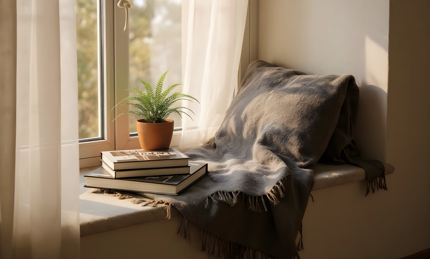 A window seat with a stack of architecture books in soft light
