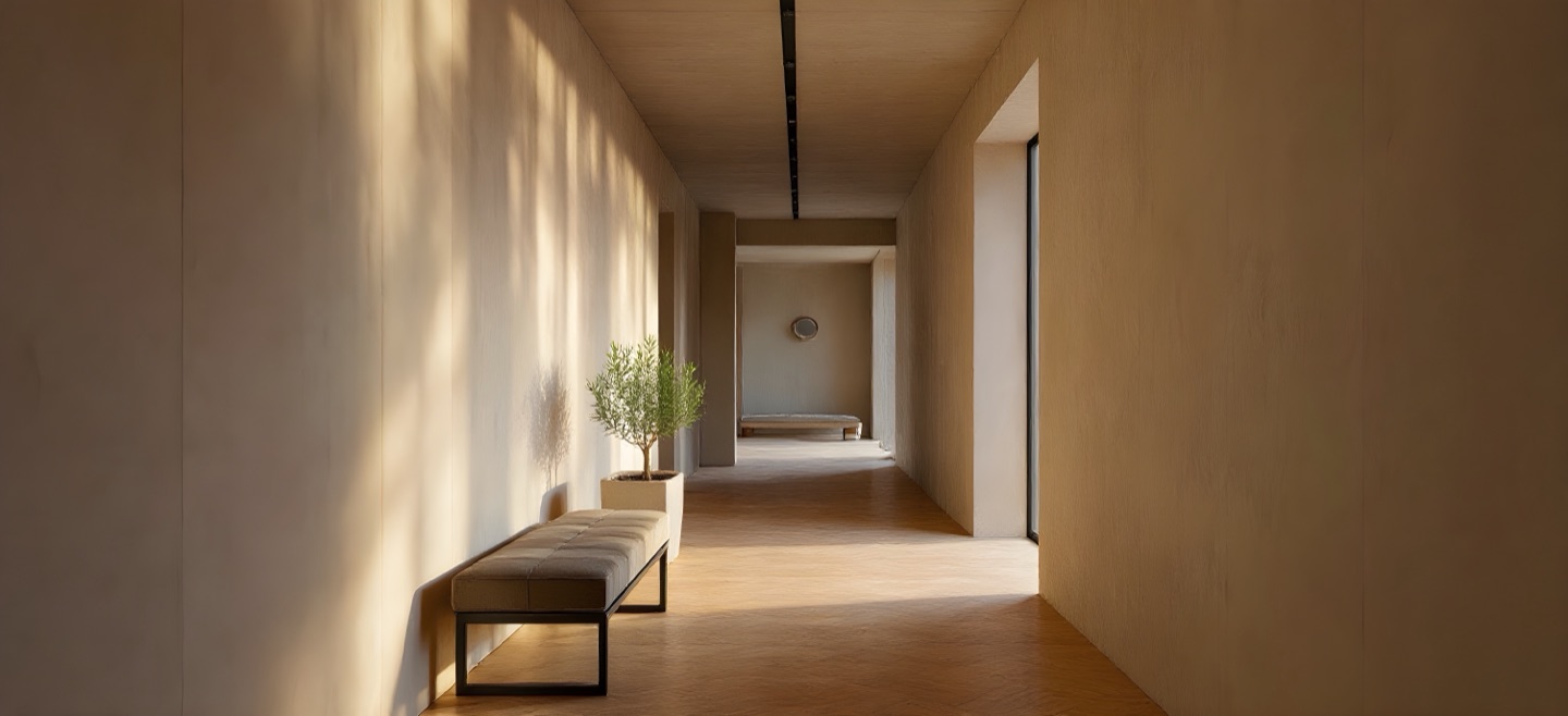 A long quiet plaster corridor with daylight at the far end