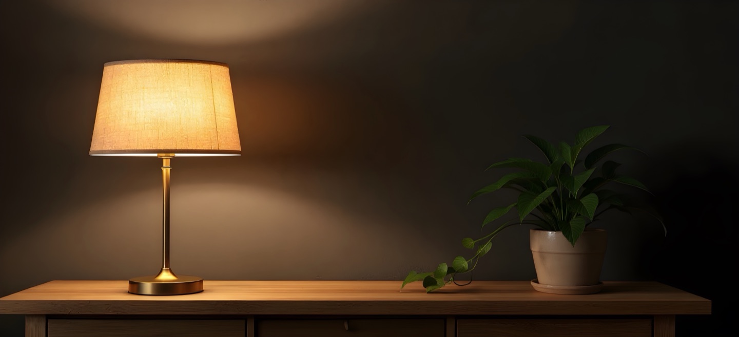 A single lamp glowing against a dark plaster wall